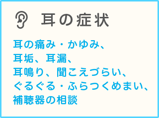 耳の症状 耳の痛み・かゆみ、耳垢、耳漏、耳鳴り、聞こえづらい、ぐるぐる・ふらつくめまい、補聴器の相談